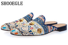 SHOOEGLE Men Bohemia Style Canvas Hand-Embroidered Shoes Slip-on Mules Ethnic Slippers Men Casual Slipper Shoes Free Shipping 2024 - buy cheap