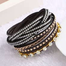 New Fashion women 9 Colors Rhineston Layer Leather Bracelet Charm Braided bracelet femme 2024 - buy cheap