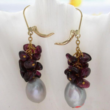 Elegant 100% Genuine Freshwater Pearl Dangle Earrings For Women,Top Quality Red Garnets Grapes Gray Pearl Jewellery 2024 - buy cheap