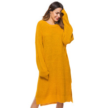 Suéter de punto largo Vestido de punto de las mujeres o-cuello manga larga suelta vestido elegante Split Womens Pullover Sweaters LZJ021 2024 - compra barato