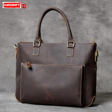 Homens do vintage maleta de negócios bolsa masculino bolsa para portátil ombro saco do mensageiro artesanal original cavalo louco couro macio zíper 2024 - compre barato