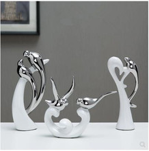 Três bonito branco galvanizados aves artesanato de cerâmica, presentes decoração da mesa de escritório em casa, belas aves, país Europeu styl 2024 - compre barato