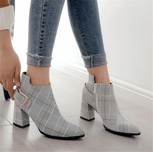 Pxelena botas femininas de salto alto, calçado xadrez bico fino, de tamanho grande, sexy, para outono e inverno 2024 - compre barato