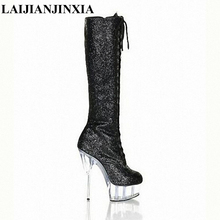 LAIJIANJINXIA New Glitter Sequins Knee High Boots For Women See Through 15CM High Heels Platform Round Toe Night Club Footwear 2024 - buy cheap