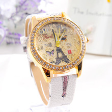 Новые женские кварцевые часы с Парижской башней бабочкой Стразы Наручные часы с кожаным ремешком повседневные женские часы с золотым циферблатом Montre Femme * E 2024 - купить недорого