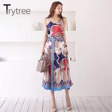 Trytree Summer Women two piece Set Casual Print V-Neck Tank Tops + Skirts Zipper A-Line Mid-Calf Silky Bohemian Suit 2 Piece Set 2024 - buy cheap