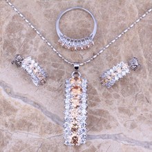 Conjunto de joias lindo champanhe morganite branco e banhado a prata cz, brinco pingente para anel tamanho 6 / 7 / 8 / 9 / 10 s0150 2024 - compre barato