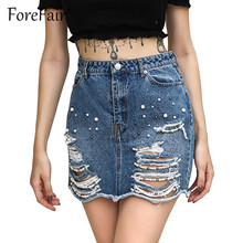 Forefair Fashion Women Denim Skirt 2018 Sexy All-match Bodycon Jeans Skirts Denim Blue Hole Tassel Beading Mini Pencil Skirt 2024 - buy cheap