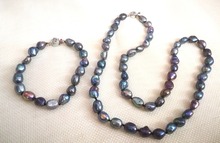 Conjunto de joias femininas 20 "50cm, colar 9x10mm, preto, azul, cinza, roxo, pérola barroca, artesanal, pulseira de pérolas de água doce natural 2024 - compre barato