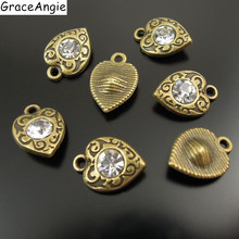 10pcs/pack Vintage Jewelry Antique Style Bronze Tone Hearts Rhinestone Charms Necklace Pendant  11*9*3mm Elegant Women AU37390 2024 - купить недорого