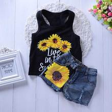 Summer Casual Girl Set Sleeveless Black TsShirts+Denim Shorts 2pcs Baby Girl Clothes Sets Sunflower Print Girls Clothing 2024 - buy cheap