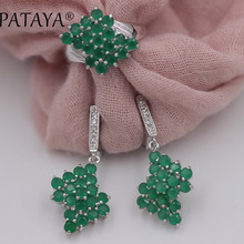 PATAYA-Conjunto de anillo y pendientes largos de Circonia Natural redondo verde para mujer, sortija Multicolor de oro blanco auténtico para boda, conjunto de joyería de lujo para novia 2024 - compra barato