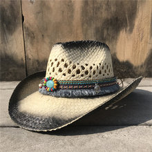 Chapéu de vaqueiro ocidental, feminino, vazado, verão, sombrero, chapéu fascinator, com borla, chapéu de sol 2024 - compre barato