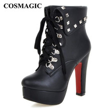 COSMAGIC 2020 New Winter Women Rivets Ankle Boots Motorcycle Super High Heel Lace Up Gothic Punk Platform Botas Mujer 2024 - buy cheap