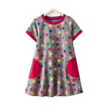 Little mham vestidos curtos e coloridos para crianças, novo modelo de verão em algodão, cinza com gola redonda, de moda para meninas 2024 - compre barato