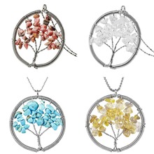 TUMBEELLUWA Handmade Wire Wrapped Chips Stone Tree of Life Pendant Fit Necklace, Healing Reiki Chakra Jewelry 2024 - buy cheap