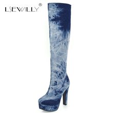 Lsewilly Plus Size 33-50 Denim Knee Boots Woman Fashion Jeans Shoes for Women High Heel Platform Winter Boots Colored Zippe S722 2024 - buy cheap