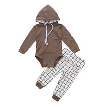 Комплект одежды из 2 предметов для новорожденных мальчиков, коричневый теплый комбинезон с капюшоном, длинные штаны в клетку, новая одежда 2024 - купить недорого