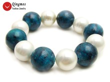 Qingmos Natural Chrysocolla Bracelet for Women with 18mm Round Green Chrysocolla & 16mm White Shell Pearl Bracelet Jewelry 7.5 " 2024 - buy cheap