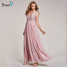 Dressv peal pink long evening dress cheap v neck lace appliques a line wedding party formal dress chiffon evening dresses 2024 - buy cheap