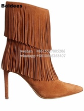 Fashion Designer Tassel Suede Leather High Heel Boots Women Mid-calf Pointed Toe Autumn Short Boots 2024 - buy cheap