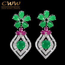 CWWZircons Elegant White Gold Color Cubic Zirconia Green Stone Dangling Flower Drop Earrings Jewelry For Women CZ001 2024 - buy cheap