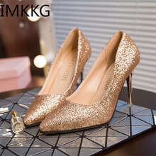 Women Thin High Heels Bling Pointed Toe Pumps Sexy Shoes Sequined Female Silver Gold Dress Shoes Glitter Wedding Shoes Y10056 2024 - buy cheap