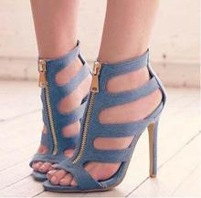 Summer Cheap High Quality Woman Blue Jeans Peep Toe Cuts Out Zipper Front Thin Heels Casual High Heel Sandals Big Size 43 2024 - buy cheap