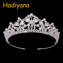 Hadiyana New Bridal Hair Tiaras Luxury Zircon Pearl Flower Wedding Crown Anniversary For Women BC3447 Haar Sieraden Bruiloft 2024 - buy cheap