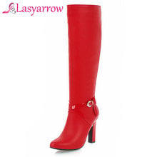 Lasyarrow 2018 Lady's Punk Buckle Chunky High Heels Platform Knee High Long Boots Red Womens Autumn Shoes Motorcycle Boots F644 2024 - buy cheap
