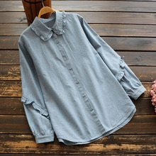 5670 Spring Women Blouse Japan Style Mori Girl Loose Casual Cotton Denim Shirt Ruffled Long Sleeve Single-breasted Solid Shirt 2024 - buy cheap