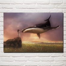 girl kid touch the flying whale in sky fabric poster living room home wall decorative canvas silk art print MC785 2024 - buy cheap