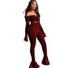 2019 spring women's silver silk jumpsuit two-piece bow tie sexy jumpsuit shirt + bell-bottom pants trousers tights 2024 - buy cheap