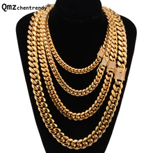 Hip hop 8/10/12/14mm Miami Cuban Chain Necklace Stainless steel Rhinestone Clasp Iced Out Gold Casting Chain Men Women Jewelry 2024 - buy cheap