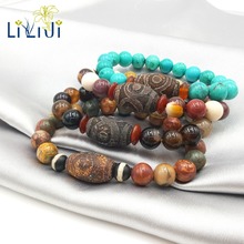 LiiJi-pulsera de cuentas tibetanas talladas para hombre, brazalete de tres piedras naturales únicas, Picasso, jaspe, labradorita, etc. 2024 - compra barato