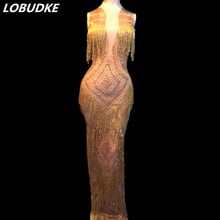 Vestido anfitrião dourado de strass, vestido sem mangas skinny longo para festa de aniversário, festa de palco, boate para mulheres 2024 - compre barato