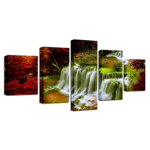 Wall Art Poster Painting Printing 5 Pieces Red Tree Waterfall Natural Landscape Canvas Pictures Modular Decor Living Room Frames 2024 - buy cheap