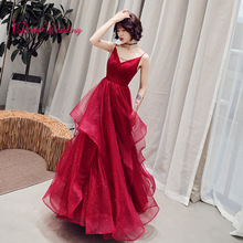 Lançamento vestido de festa tule vermelho plissado decote v sexy alças espaguete personalizado com babados 2024 - compre barato