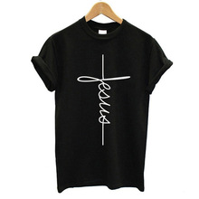 Camiseta feminina de manga curta, camiseta da moda para mulheres, estampada com cruz cristã, plus size 2024 - compre barato