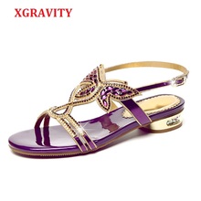 XGRAVITY New Ladies  Summer Flat Shoes Sexy Crystal Rhinestone Design Women Sandals Hot Ladies Genuine Leather Female Shoes A081 2024 - buy cheap