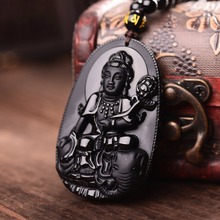 Samantabhdra-collar con colgante de amuleto de la suerte para hombre y mujer, con diseño de patrón de Buda tallado en obsidiana negra de Santo, joyería 2024 - compra barato