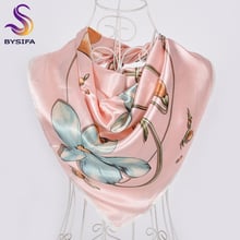 [BYSIFA] White And Pink Silk Scarf Shawl Fashion Brand Floral Satin Square Scarves Hijabs Autumn Winter Headscarves Wraps 90*90 2024 - buy cheap