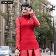 Suéteres de cuello alto con lazo rojo para mujer, suéter de punto Harajuku de moda, cuello alto, cuero, manga larga, ropa de invierno, 2019 2024 - compra barato