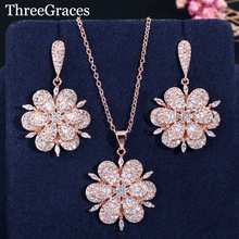 ThreeGraces Big Rose Gold Flower Drop Earrings Pendant Necklace Set Fashion Cubic Zircon Micro Pave Jewelry Sets For Women JS294 2024 - buy cheap