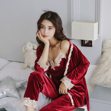Autumn Women's 3 Pieces Pajamas Sets Lace Soft Velvet Pajama Women Sleepwear Sets Winter Girls Pijamas Long Pants Pyjamas Suits 2024 - buy cheap