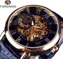 Forsining relógio de esqueleto 3d com design de logotipo, caixa dourada e preta de couro, mecânico, masculino de marca de luxo 2024 - compre barato