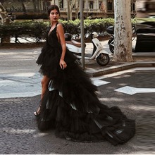 Fashion Sexy Black Tulle Hight Low Prom Dresses Backless 2019 Tiered Ruffles Prom Gowns Deep V-neck Photoshoot Formal Dress 2024 - buy cheap
