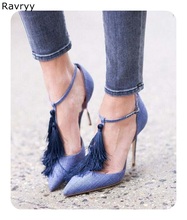 Blue woman's high heels black tassel decor ankle buckle Pointed Toe Sexy Pumps Thin heel female dress shoes stiletto single shoe 2024 - buy cheap