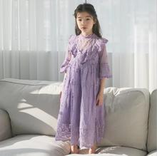 Платье для маленьких девочек в Корейском стиле, кружевное длинное платье принцессы для подростков, детское вечернее платье, хлопковая одежда, От 4 до 16 лет, ws406 2024 - купить недорого