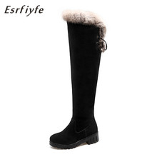 ESRFIYFE 2020 New Winter Flock Women Thigh High Boots Thick Heels Round Toe Platform Warm Plush Snow Boots Skidproof Shoe Sole 2024 - buy cheap